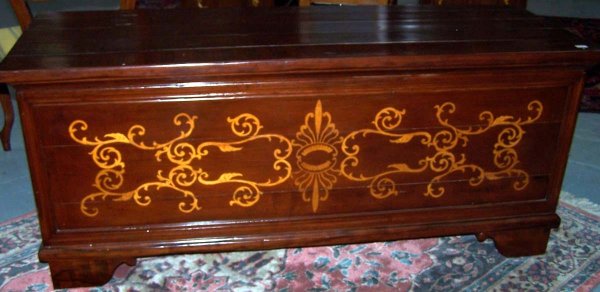 n.Cassapanca intarsiata, dimensioni 132x47x56, anno fine '800 ca., pero